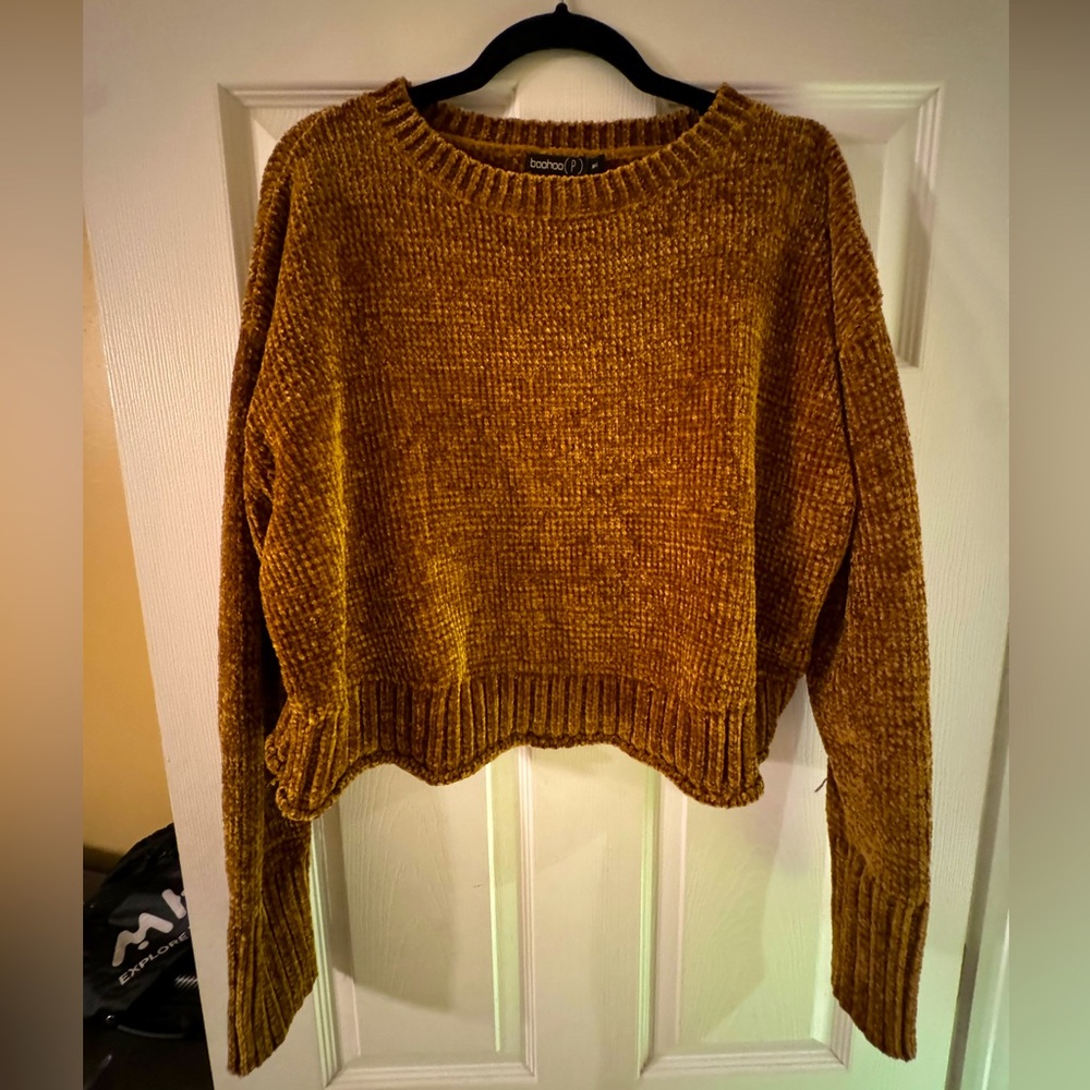 Mustard Yellow Chenille Cable Knit Sweater from Boohoo
